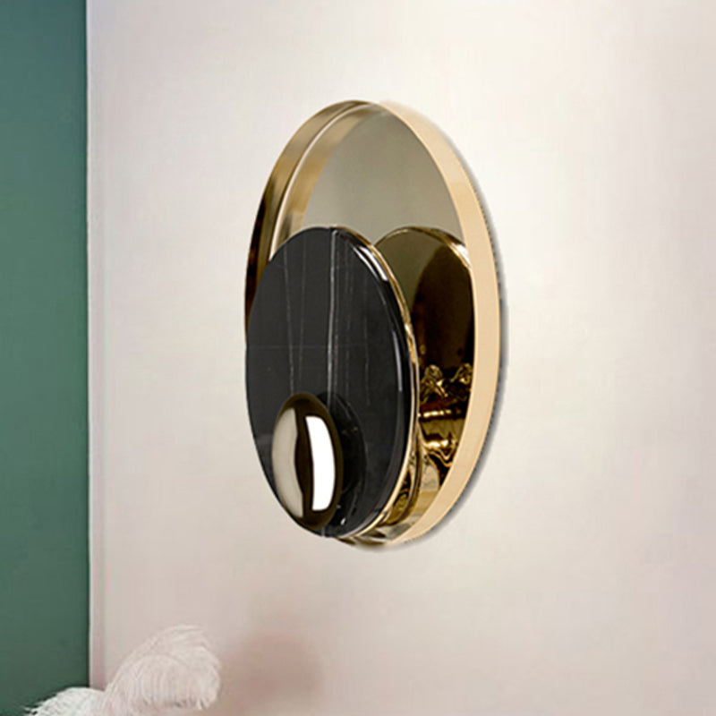 Round Marble LED Sconce Lighting Modernist 1 Head White/Black Wall Mounted Lamp with Gold Metal Backplate Black Clearhalo 'Cast Iron' 'Glass' 'Industrial' 'Modern wall lights' 'Modern' 'Tiffany' 'Traditional wall lights' 'Wall Lamps & Sconces' 'Wall Lights' Lighting' 734216