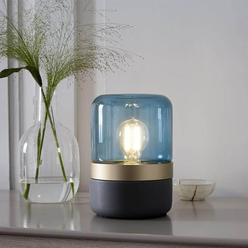 1 Bulb Bedroom Small Desk Light Modern Grey Table Lamp with Cylinder Light Blue Glass Shade Clearhalo 'Lamps' 'Table Lamps' Lighting' 734271-sw