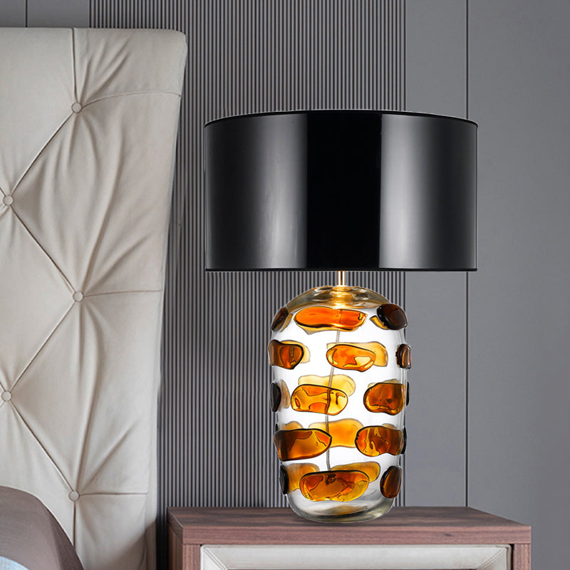 Yellow/Blue Jar Nightstand Light Modern 1 Bulb Clear Glass Desk Lamp with Drum Black/White Fabric Shade Clearhalo 'Lamps' 'Table Lamps' Lighting' 734336