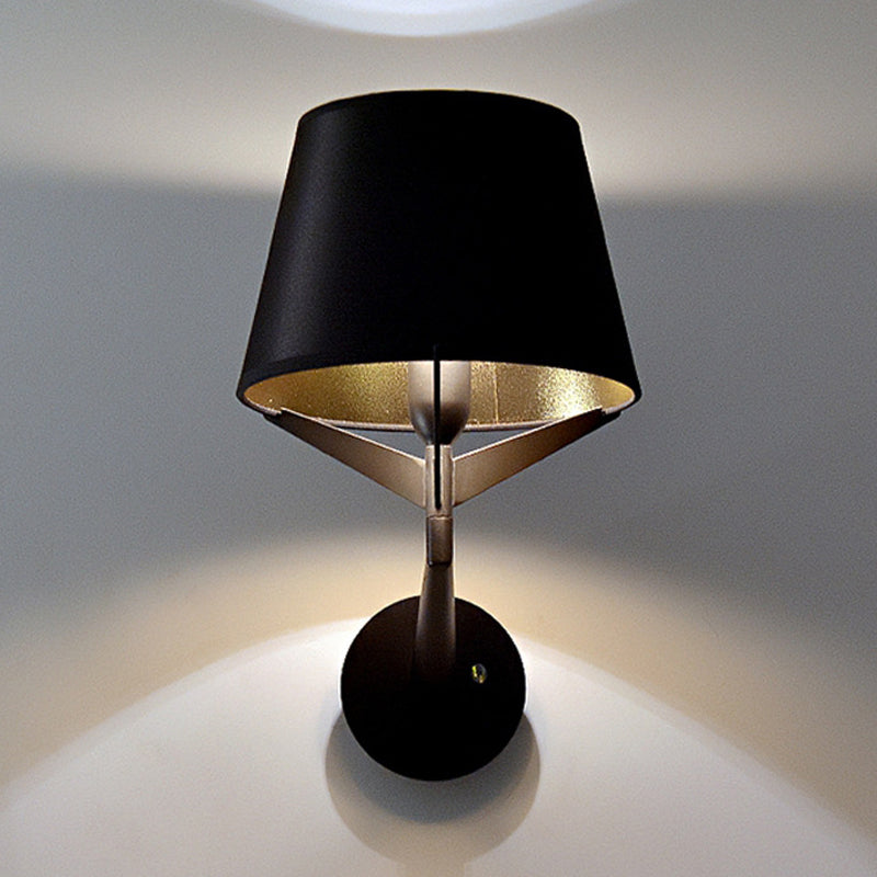 Fabric Barrel Wall Mount Lighting Modern 1 Head Black Finish Wall Sconce with Tripod Lamp Support Clearhalo 'Cast Iron' 'Glass' 'Industrial' 'Modern wall lights' 'Modern' 'Tiffany' 'Traditional wall lights' 'Wall Lamps & Sconces' 'Wall Lights' Lighting' 734681