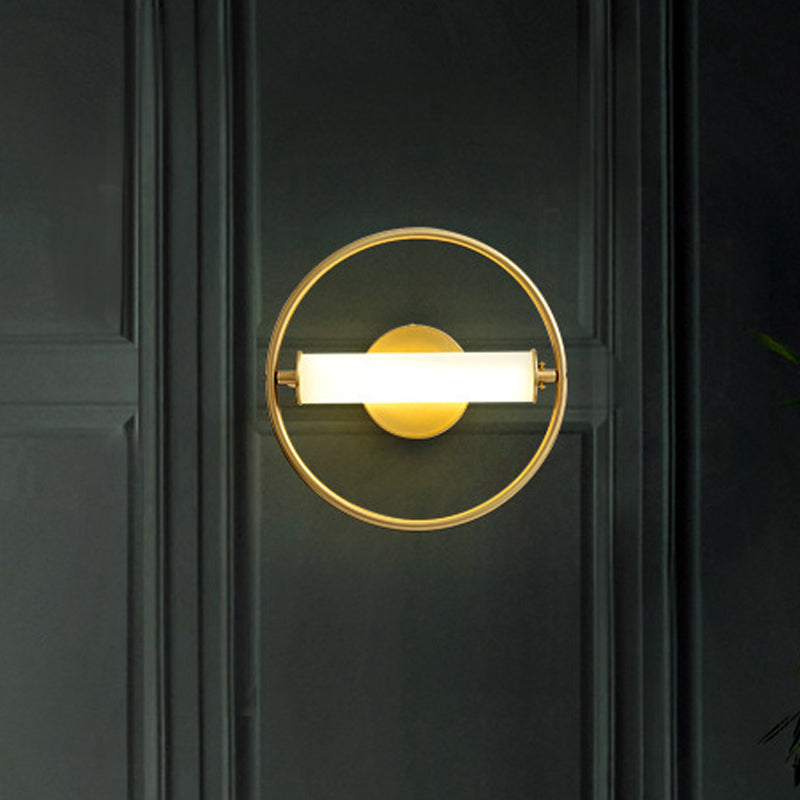 Ring Bedside Wall Light Fixture Metallic LED Modernism Sconce Lamp in Brass with Tube Opal Glass Shade Clearhalo 'Cast Iron' 'Glass' 'Industrial' 'Modern wall lights' 'Modern' 'Tiffany' 'Traditional wall lights' 'Wall Lamps & Sconces' 'Wall Lights' Lighting' 734745