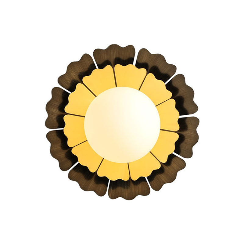 Orb White Frosted Glass Wall Lighting Modern 1-Head LED Yellow and Brown Flush Wall Sconce with Sunflower Backplate Clearhalo 'Cast Iron' 'Glass' 'Industrial' 'Modern wall lights' 'Modern' 'Tiffany' 'Traditional wall lights' 'Wall Lamps & Sconces' 'Wall Lights' Lighting' 734751