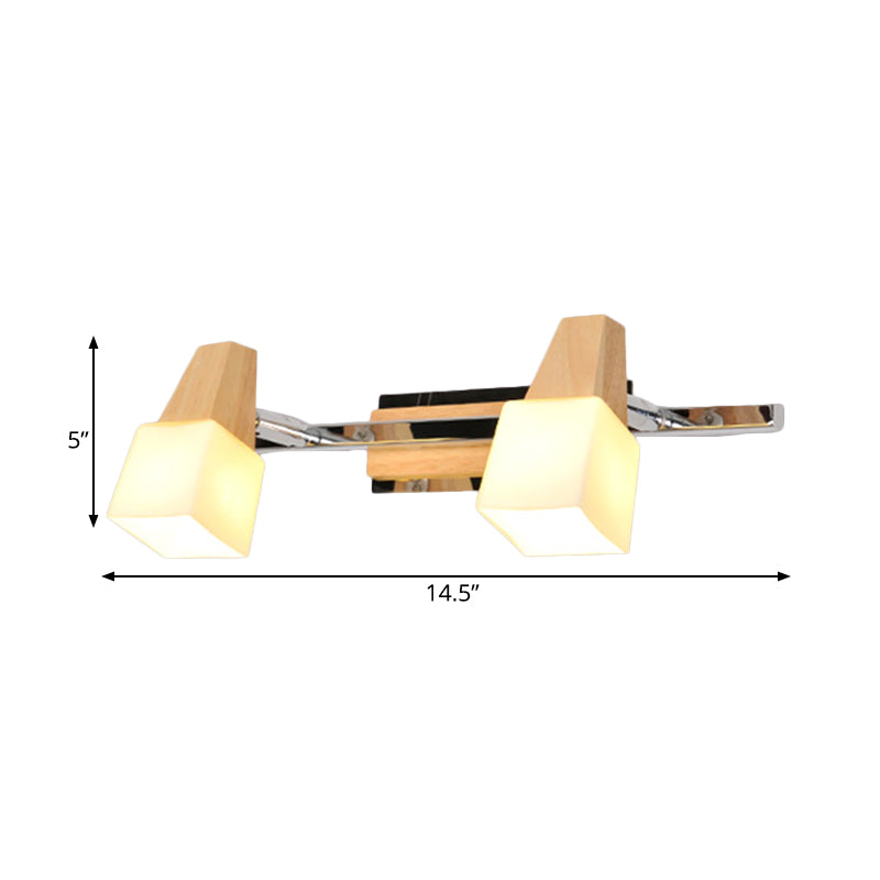 Beige Cube Vanity Light Fixture Modernist 2-Light Milk White Glass Wall Mount Lamp with Wood Top Clearhalo 'Modern wall lights' 'Modern' 'Vanity Lights' 'Wall Lights' Lighting' 734763