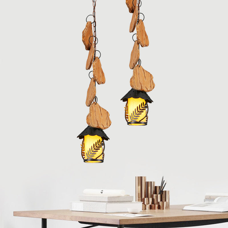 Kerosene Dining Room Pendant Lamp Factory White Fabric/Clear Glass 1-Light Black Wood Down Lighting with Leaf Pattern Clearhalo 'Art Deco Pendants' 'Cast Iron' 'Ceiling Lights' 'Ceramic' 'Crystal' 'Industrial Pendants' 'Industrial' 'Metal' 'Middle Century Pendants' 'Pendant Lights' 'Pendants' 'Tiffany' Lighting' 734902