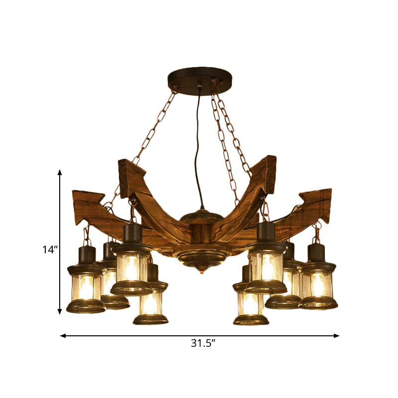 8 Lights Pendant Chandelier Farm Clear Glass Suspension Lamp in Black with Wood Anchor Deco Clearhalo 'Cast Iron' 'Ceiling Lights' 'Chandeliers' 'Industrial Chandeliers' 'Industrial' 'Metal' 'Middle Century Chandeliers' 'Rustic Chandeliers' 'Tiffany' Lighting' 734968
