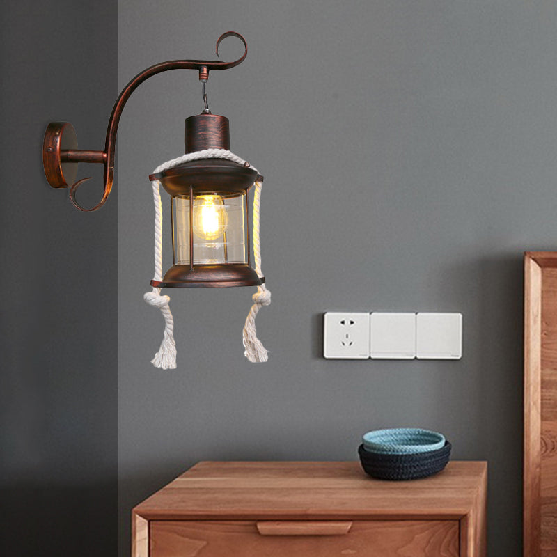 1-Bulb Metal Wall Mounted Light Industrial Brass/Copper Curved Arm Sconce with Lantern Clear Glass Shade Clearhalo 'Art deco wall lights' 'Cast Iron' 'Glass' 'Industrial wall lights' 'Industrial' 'Middle century wall lights' 'Modern' 'Rustic wall lights' 'Tiffany' 'Traditional wall lights' 'Wall Lamps & Sconces' 'Wall Lights' Lighting' 735093