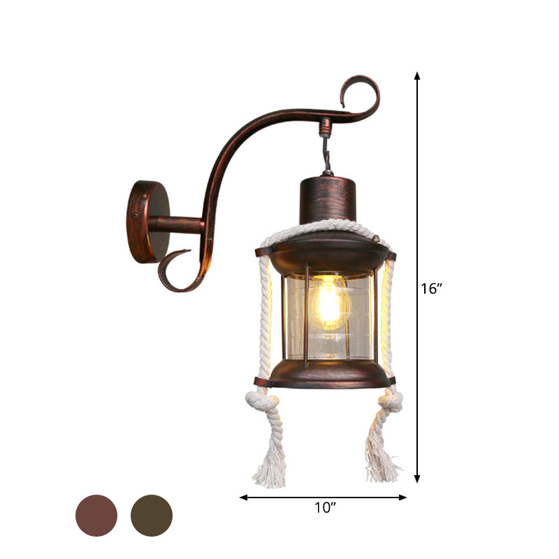 1-Bulb Metal Wall Mounted Light Industrial Brass/Copper Curved Arm Sconce with Lantern Clear Glass Shade Clearhalo 'Art deco wall lights' 'Cast Iron' 'Glass' 'Industrial wall lights' 'Industrial' 'Middle century wall lights' 'Modern' 'Rustic wall lights' 'Tiffany' 'Traditional wall lights' 'Wall Lamps & Sconces' 'Wall Lights' Lighting' 735095