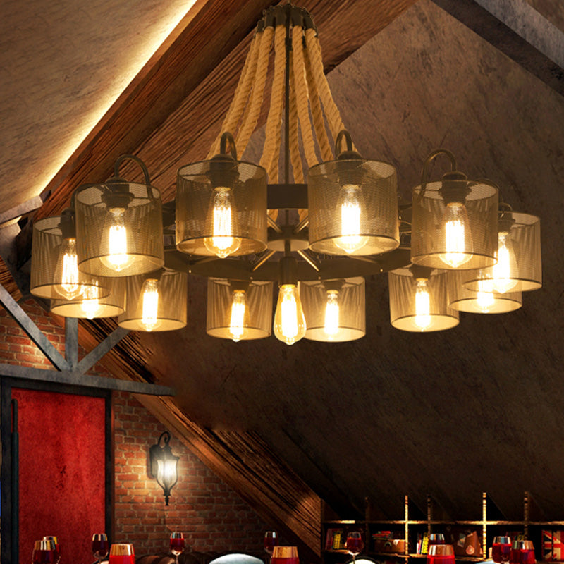 Metal Black Chandelier Lamp Drum 9/13 Lights Farmhouse Rope Pendant Light Fixture with Wheel Design Clearhalo 'Cast Iron' 'Ceiling Lights' 'Chandeliers' 'Industrial Chandeliers' 'Industrial' 'Metal' 'Middle Century Chandeliers' 'Rustic Chandeliers' 'Tiffany' Lighting' 735152