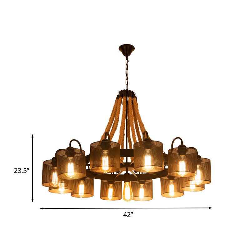 Metal Black Chandelier Lamp Drum 9/13 Lights Farmhouse Rope Pendant Light Fixture with Wheel Design Clearhalo 'Cast Iron' 'Ceiling Lights' 'Chandeliers' 'Industrial Chandeliers' 'Industrial' 'Metal' 'Middle Century Chandeliers' 'Rustic Chandeliers' 'Tiffany' Lighting' 735154
