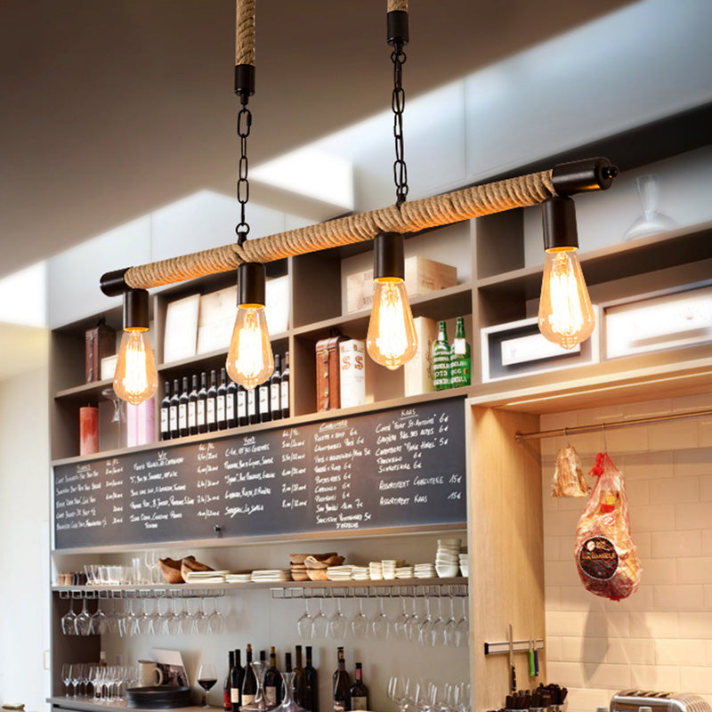 4 Lights Rope Chandelier Factory Black Finish Open Bulb Restaurant Pendant Light Kit with/without Ring Deco Clearhalo 'Cast Iron' 'Ceiling Lights' 'Chandeliers' 'Industrial Chandeliers' 'Industrial' 'Metal' 'Middle Century Chandeliers' 'Rustic Chandeliers' 'Tiffany' Lighting' 735160