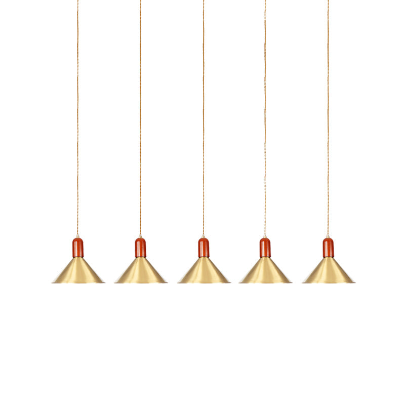 Metallic Gold Finish Multi-Light Pendant Conical 3/5/7 Lights Industrial Tandem Hanging Ceiling Lamp Clearhalo 'Art Deco Pendants' 'Cast Iron' 'Ceiling Lights' 'Ceramic' 'Crystal' 'Industrial Pendants' 'Industrial' 'Metal' 'Middle Century Pendants' 'Pendant Lights' 'Pendants' 'Tiffany' Lighting' 735175