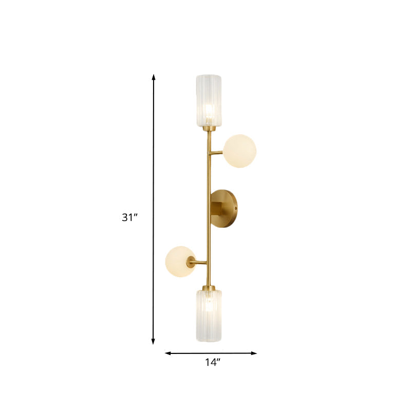 Metal Pencil Arm Wall Mounted Lamp Modernism 4-Light Gold Finish Wall Light Fixture with Cylinder and Orb Glass Shade Clearhalo 'Cast Iron' 'Glass' 'Industrial' 'Modern wall lights' 'Modern' 'Tiffany' 'Traditional wall lights' 'Wall Lamps & Sconces' 'Wall Lights' Lighting' 735313