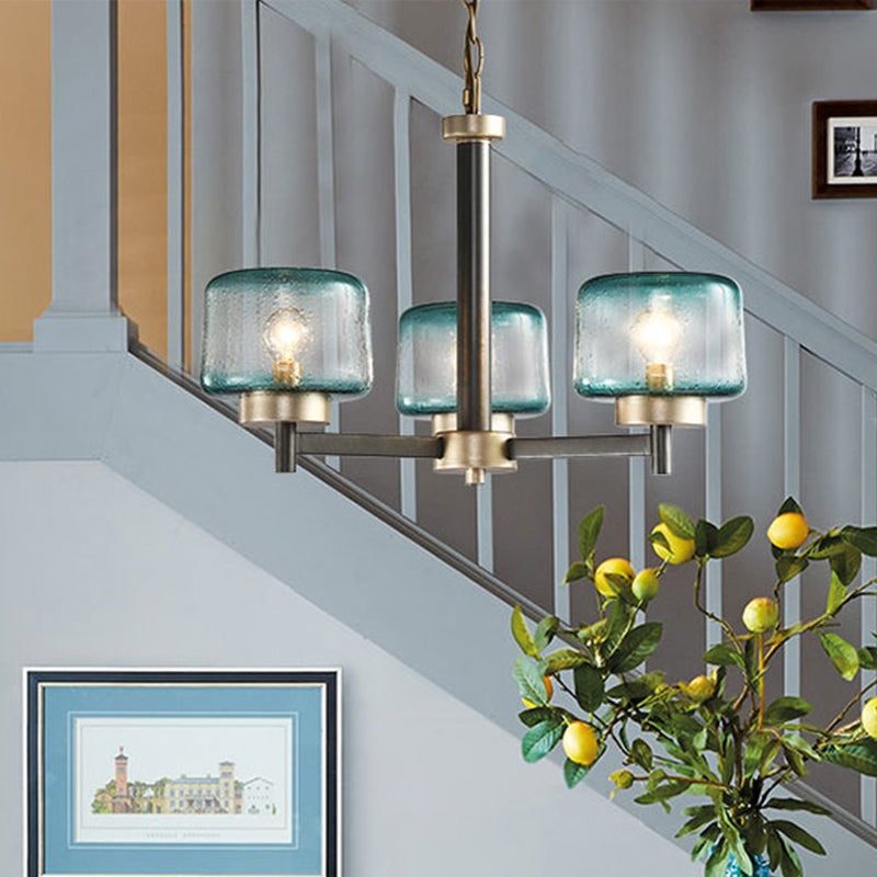 3/6-Light Dining Room Chandelier Post Modern Grey Radial Suspension Lamp with Drum Blue Seeded Glass Shade Clearhalo 'Ceiling Lights' 'Chandeliers' 'Modern Chandeliers' 'Modern' Lighting' 735411