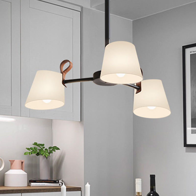 Barrel Dining Room Pendant Frosted White Glass 3/6-Head Modernist Radial Hanging Chandelier in Black Clearhalo 'Ceiling Lights' 'Chandeliers' 'Modern Chandeliers' 'Modern' Lighting' 735438