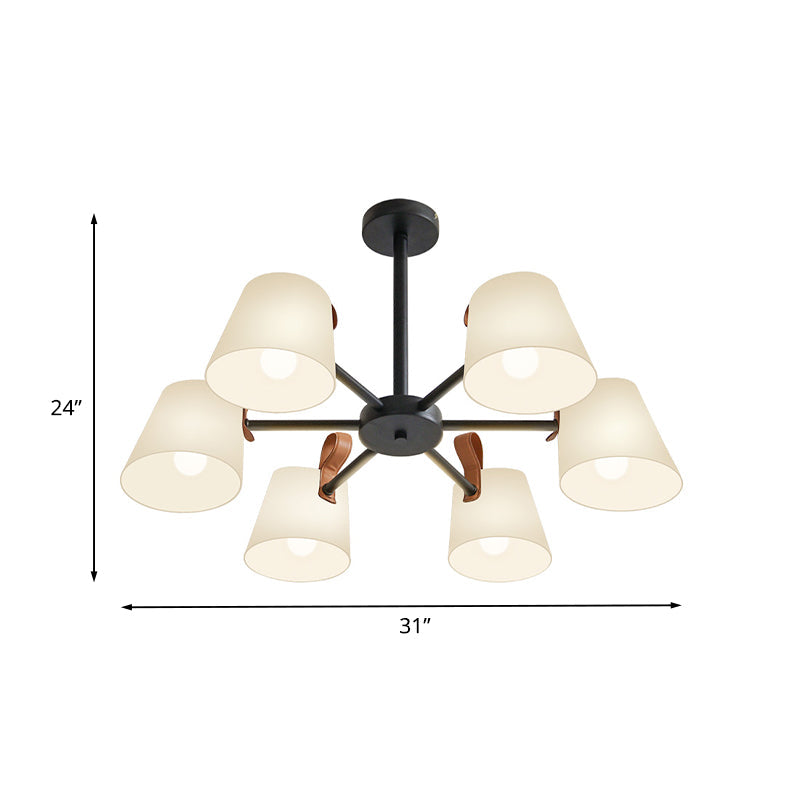 Barrel Dining Room Pendant Frosted White Glass 3/6-Head Modernist Radial Hanging Chandelier in Black Clearhalo 'Ceiling Lights' 'Chandeliers' 'Modern Chandeliers' 'Modern' Lighting' 735445
