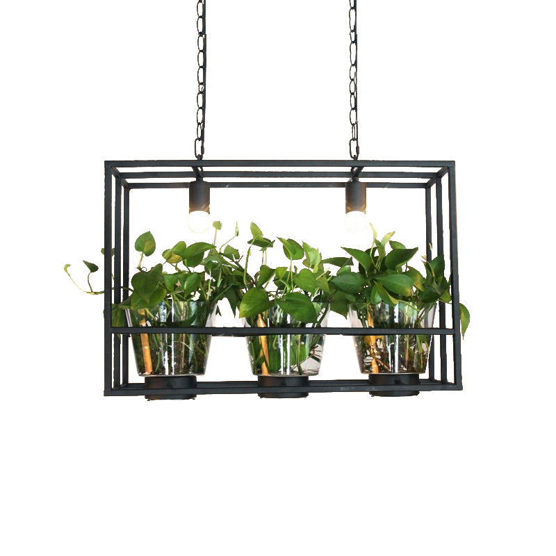Rectangular Cage Iron Island Lamp Industrial 3 Heads Restaurant Suspension Light with Clear Glass Plant Pot Clearhalo 'Ceiling Lights' 'Island Lights' Lighting' 735838