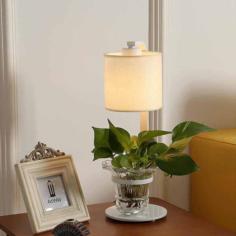 Fabric Black/White Night Light Cylindrical 1 Light Industrial Nightstand Lamp with Clear Glass Plant Container Clearhalo 'Lamps' 'Table Lamps' Lighting' 735845