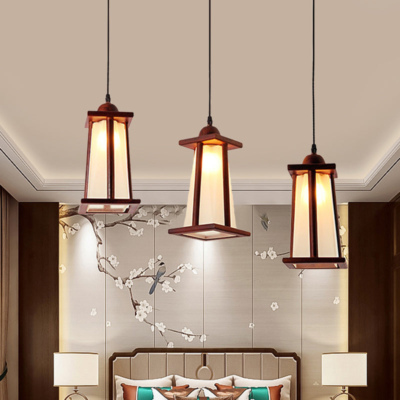Wood 3 Lights Cluster Pendant Coastal Frosted Glass Trapezoid Hanging Ceiling Light with Linear/Triangle Canopy Clearhalo 'Ceiling Lights' 'Industrial Pendants' 'Industrial' 'Middle Century Pendants' 'Pendant Lights' 'Pendants' 'Tiffany' Lighting' 736172
