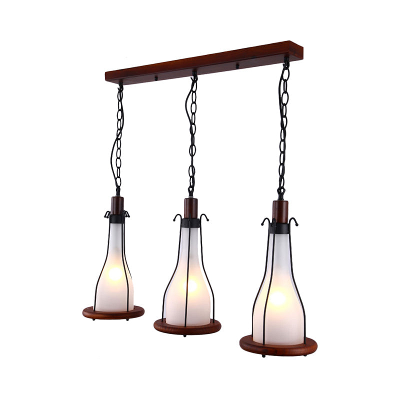Brown Bottle Cluster Pendant Light Warehouse Yellow/White Glass 3 Heads Dining Room Ceiling Fixture with Wood Linear Canopy Clearhalo 'Art Deco Pendants' 'Cast Iron' 'Ceiling Lights' 'Ceramic' 'Crystal' 'Industrial Pendants' 'Industrial' 'Metal' 'Middle Century Pendants' 'Pendant Lights' 'Pendants' 'Tiffany' Lighting' 736182