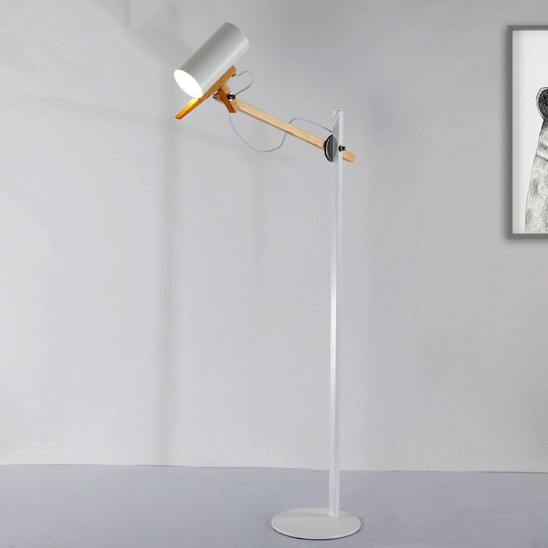 White/Black and Wood Tube Floor Lamp Modernist Iron 1 Light Swing Arm Standing Floor Light White Clearhalo 'Floor Lamps' 'Lamps' Lighting' 736391