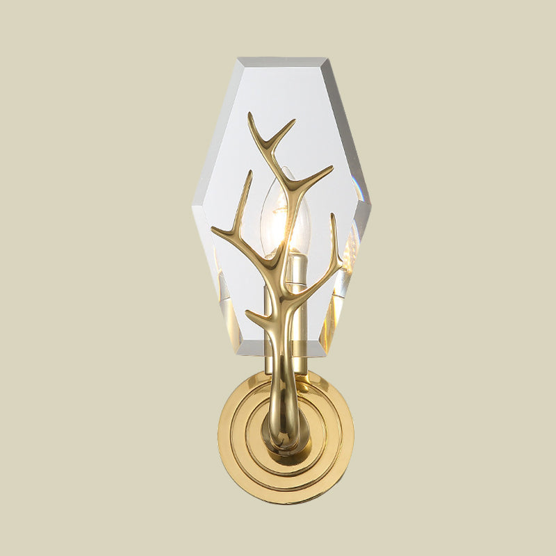 Crystal Panel Wall Mount Lighting Modernism 1-Bulb Wall Lamp Sconce in Brass with Antler Arm Clearhalo 'Cast Iron' 'Glass' 'Industrial' 'Modern wall lights' 'Modern' 'Tiffany' 'Traditional wall lights' 'Wall Lamps & Sconces' 'Wall Lights' Lighting' 736692