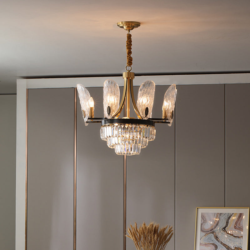 Minimalist Sputnik Pendant Chandelier 12 Lights Clear Textured Glass Ceiling Light in Black and Gold with Tiered Crystal Black-Gold Clearhalo 'Ceiling Lights' 'Chandeliers' 'Modern Chandeliers' 'Modern' Lighting' 736750