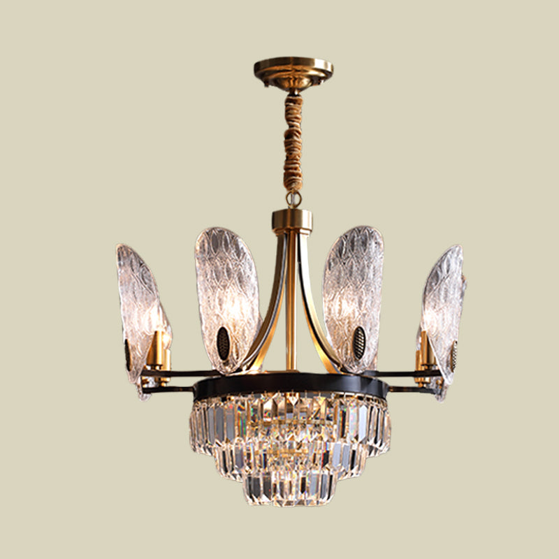 Minimalist Sputnik Pendant Chandelier 12 Lights Clear Textured Glass Ceiling Light in Black and Gold with Tiered Crystal Clearhalo 'Ceiling Lights' 'Chandeliers' 'Modern Chandeliers' 'Modern' Lighting' 736752
