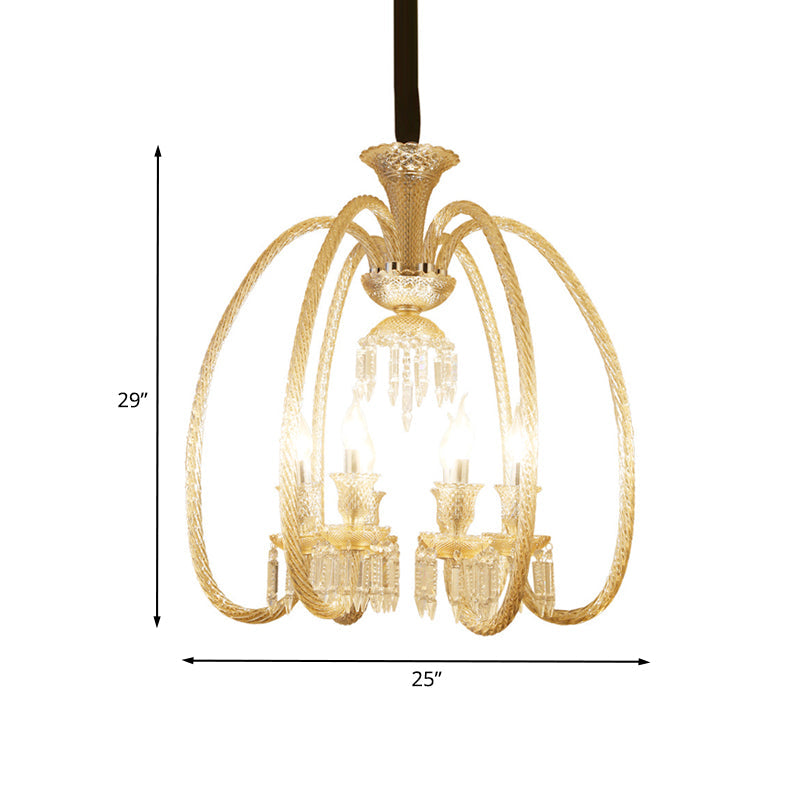 6/8 Heads Hanging Chandelier Antique Living Room Pendant with Curving Cognac Glass Arm and Clear Crystal Drop Clearhalo 'Ceiling Lights' 'Chandeliers' Lighting' options 736804