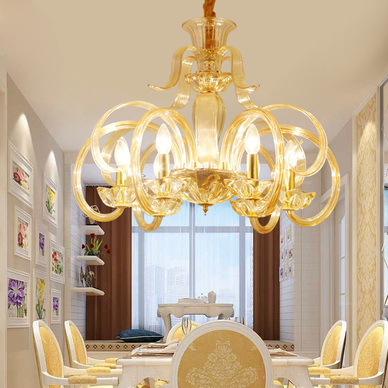Amber Glass Candle Chandelier Light Traditional 6-Bulb Living Room Hanging Lamp with Curved Arm Amber Clearhalo 'Ceiling Lights' 'Chandeliers' 'Glass shade' 'Glass' 'Pendant Lights' Lighting' 736816