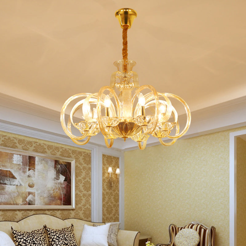 Amber Glass Candle Chandelier Light Traditional 6-Bulb Living Room Hanging Lamp with Curved Arm Clearhalo 'Ceiling Lights' 'Chandeliers' 'Glass shade' 'Glass' 'Pendant Lights' Lighting' 736817