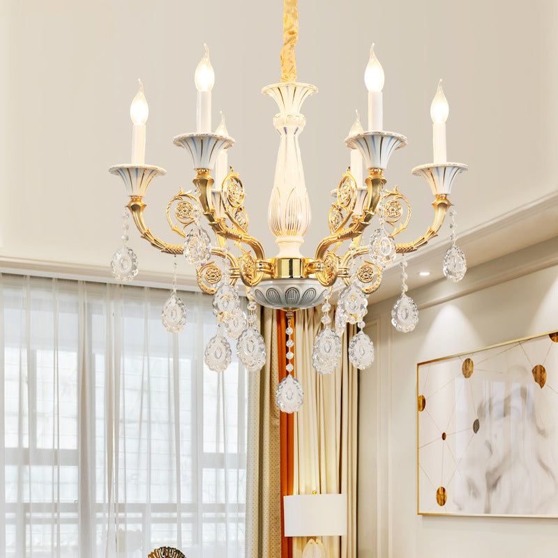 Gold Candle Chandelier Lamp Traditional Crystal 6 Heads Bedroom Ceiling Light with Ceramic Pillar and Carved Arm Gold Clearhalo 'Ceiling Lights' 'Chandeliers' Lighting' options 736824_8ebdc756-05db-47bc-998a-c5b9e4707792