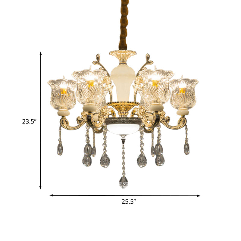 Antique Floral Pendant Chandelier 6 Lights Clear Glass Ceiling Hang Fixture in Gold with Dangling Crystal Clearhalo 'Ceiling Lights' 'Chandeliers' Lighting' options 736863
