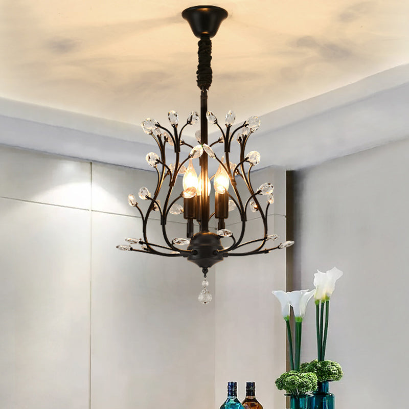 K9 Crystal Branch Ceiling Chandelier Contemporary 3 Lights Dining Room Pendant Lamp in Black/Gold Black Clearhalo 'Ceiling Lights' 'Chandeliers' 'Modern Chandeliers' 'Modern' Lighting' 736888
