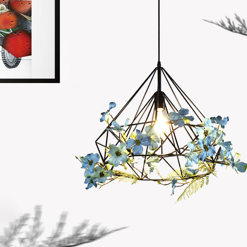 Diamond Cage Iron Pendant Lamp Farmhouse 1-Bulb Restaurant Suspension Lighting in Black, 18"/19.5"/23.5" W Black Clearhalo 'Art Deco Pendants' 'Black' 'Cast Iron' 'Ceiling Lights' 'Ceramic' 'Crystal' 'Industrial Pendants' 'Industrial' 'Metal' 'Middle Century Pendants' 'Pendant Lights' 'Pendants' 'Rustic Pendants' 'Tiffany' Lighting' 737214