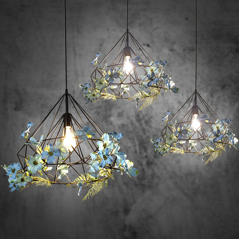 Diamond Cage Iron Pendant Lamp Farmhouse 1-Bulb Restaurant Suspension Lighting in Black, 18"/19.5"/23.5" W Clearhalo 'Art Deco Pendants' 'Black' 'Cast Iron' 'Ceiling Lights' 'Ceramic' 'Crystal' 'Industrial Pendants' 'Industrial' 'Metal' 'Middle Century Pendants' 'Pendant Lights' 'Pendants' 'Rustic Pendants' 'Tiffany' Lighting' 737215