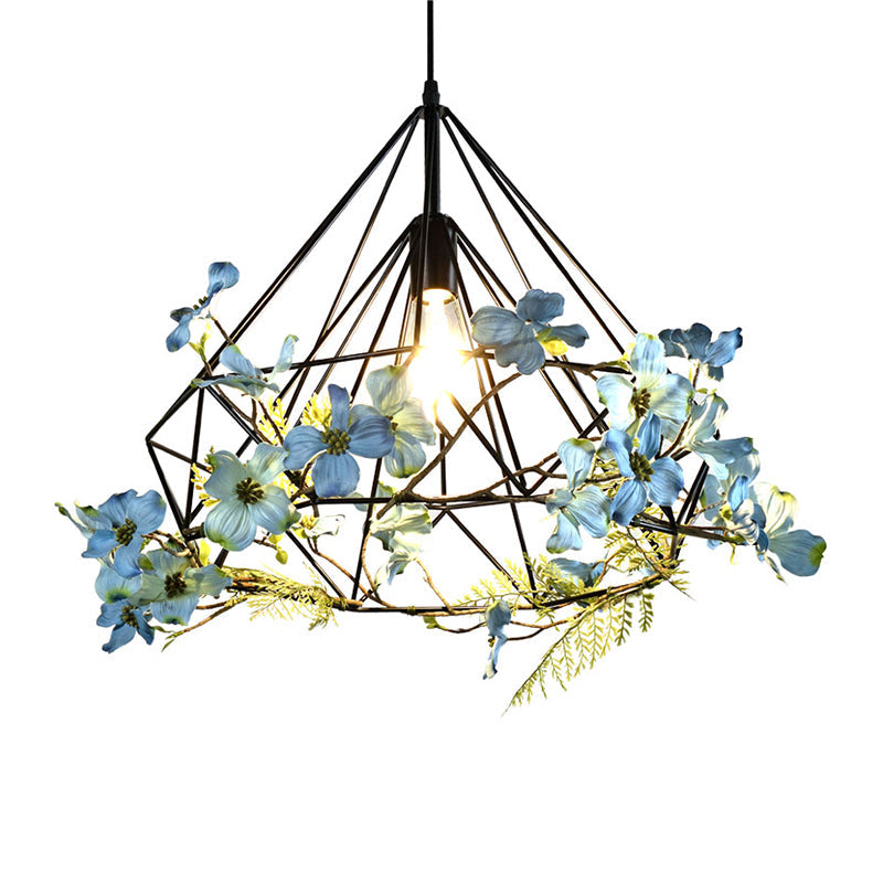 Diamond Cage Iron Pendant Lamp Farmhouse 1-Bulb Restaurant Suspension Lighting in Black, 18"/19.5"/23.5" W Clearhalo 'Art Deco Pendants' 'Black' 'Cast Iron' 'Ceiling Lights' 'Ceramic' 'Crystal' 'Industrial Pendants' 'Industrial' 'Metal' 'Middle Century Pendants' 'Pendant Lights' 'Pendants' 'Rustic Pendants' 'Tiffany' Lighting' 737216