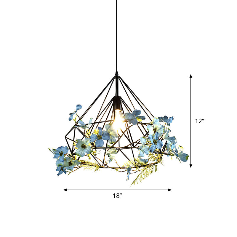 Diamond Cage Iron Pendant Lamp Farmhouse 1-Bulb Restaurant Suspension Lighting in Black, 18"/19.5"/23.5" W Clearhalo 'Art Deco Pendants' 'Black' 'Cast Iron' 'Ceiling Lights' 'Ceramic' 'Crystal' 'Industrial Pendants' 'Industrial' 'Metal' 'Middle Century Pendants' 'Pendant Lights' 'Pendants' 'Rustic Pendants' 'Tiffany' Lighting' 737217