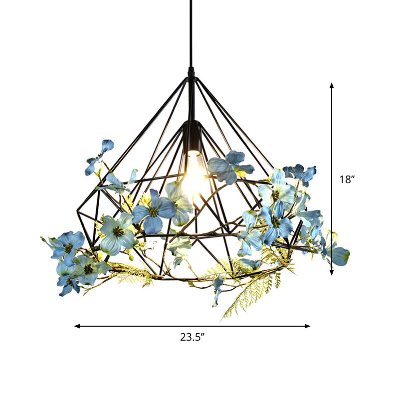 Diamond Cage Iron Pendant Lamp Farmhouse 1-Bulb Restaurant Suspension Lighting in Black, 18"/19.5"/23.5" W Clearhalo 'Art Deco Pendants' 'Black' 'Cast Iron' 'Ceiling Lights' 'Ceramic' 'Crystal' 'Industrial Pendants' 'Industrial' 'Metal' 'Middle Century Pendants' 'Pendant Lights' 'Pendants' 'Rustic Pendants' 'Tiffany' Lighting' 737219