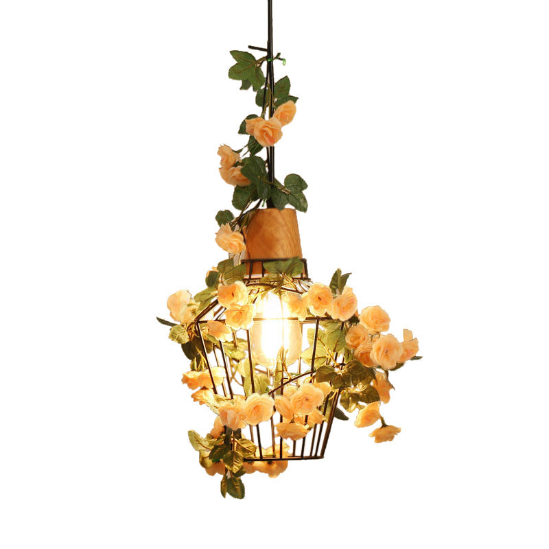 Black Jar/Diamond/Barn Cage Pendant Farm Iron 1 Head Restaurant Flower Hanging Light Fixture with Wooden Top Clearhalo 'Art Deco Pendants' 'Black' 'Cast Iron' 'Ceiling Lights' 'Ceramic' 'Crystal' 'Industrial Pendants' 'Industrial' 'Metal' 'Middle Century Pendants' 'Pendant Lights' 'Pendants' 'Rustic Pendants' 'Tiffany' Lighting' 737240