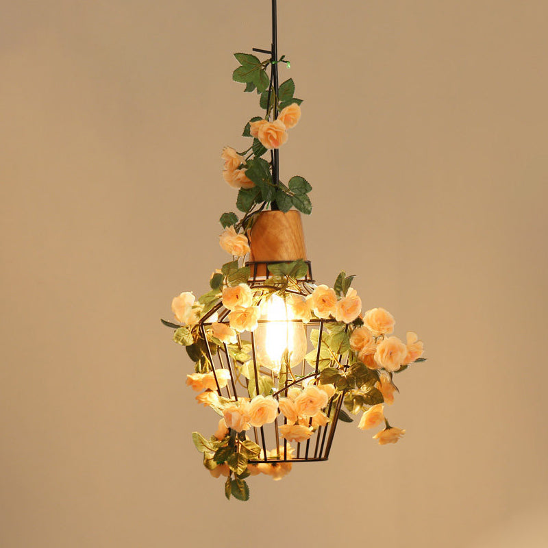 Black Jar/Diamond/Barn Cage Pendant Farm Iron 1 Head Restaurant Flower Hanging Light Fixture with Wooden Top Clearhalo 'Art Deco Pendants' 'Black' 'Cast Iron' 'Ceiling Lights' 'Ceramic' 'Crystal' 'Industrial Pendants' 'Industrial' 'Metal' 'Middle Century Pendants' 'Pendant Lights' 'Pendants' 'Rustic Pendants' 'Tiffany' Lighting' 737241