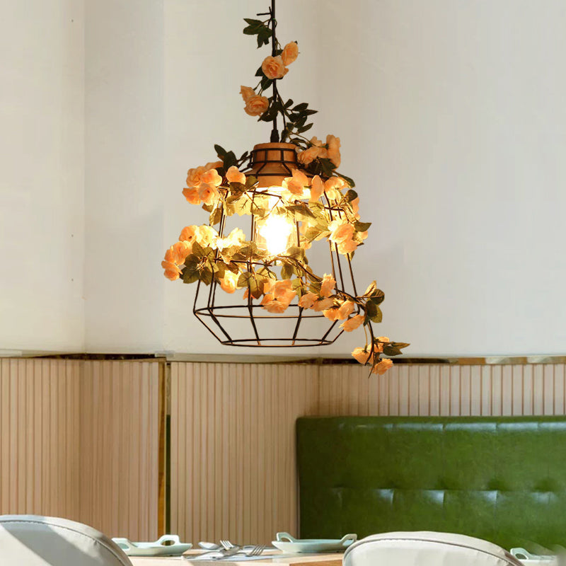 Black Jar/Diamond/Barn Cage Pendant Farm Iron 1 Head Restaurant Flower Hanging Light Fixture with Wooden Top Clearhalo 'Art Deco Pendants' 'Black' 'Cast Iron' 'Ceiling Lights' 'Ceramic' 'Crystal' 'Industrial Pendants' 'Industrial' 'Metal' 'Middle Century Pendants' 'Pendant Lights' 'Pendants' 'Rustic Pendants' 'Tiffany' Lighting' 737245