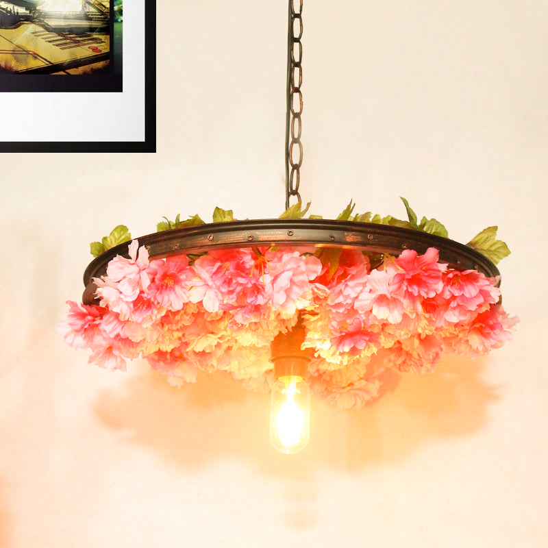 1 Head Iron Pendant Light Farmhouse Pink/Blue Flower Restaurant Hanging Lamp with Wagon Wheel Design, 8.5"/15"/19" Wide Pink Clearhalo 'Art Deco Pendants' 'Cast Iron' 'Ceiling Lights' 'Ceramic' 'Crystal' 'Industrial Pendants' 'Industrial' 'Metal' 'Middle Century Pendants' 'Pendant Lights' 'Pendants' 'Tiffany' Lighting' 737402