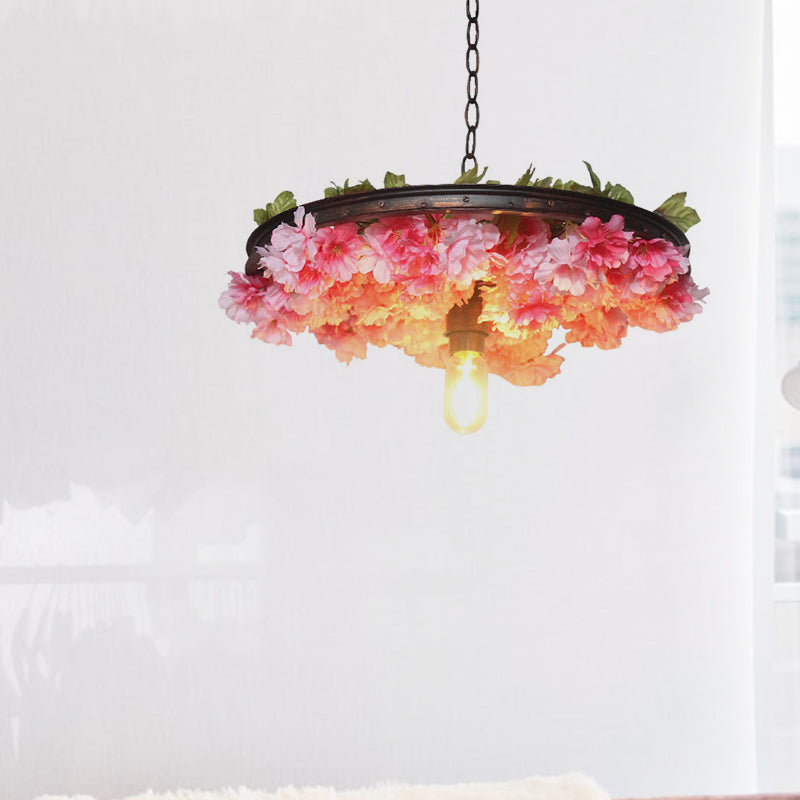 1 Head Iron Pendant Light Farmhouse Pink/Blue Flower Restaurant Hanging Lamp with Wagon Wheel Design, 8.5"/15"/19" Wide Clearhalo 'Art Deco Pendants' 'Cast Iron' 'Ceiling Lights' 'Ceramic' 'Crystal' 'Industrial Pendants' 'Industrial' 'Metal' 'Middle Century Pendants' 'Pendant Lights' 'Pendants' 'Tiffany' Lighting' 737403