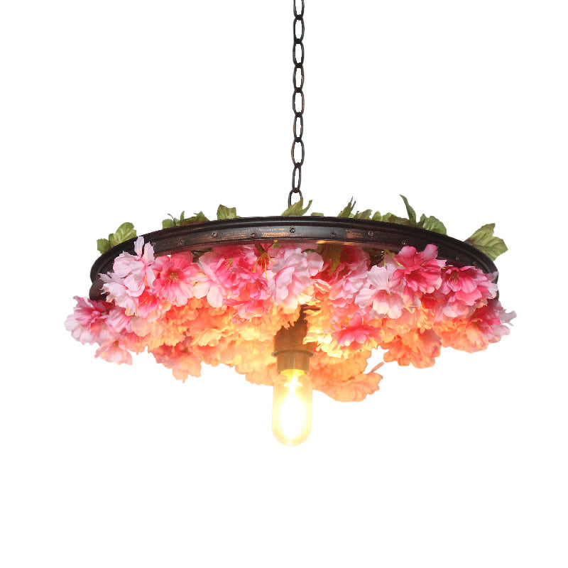 1 Head Iron Pendant Light Farmhouse Pink/Blue Flower Restaurant Hanging Lamp with Wagon Wheel Design, 8.5"/15"/19" Wide Clearhalo 'Art Deco Pendants' 'Cast Iron' 'Ceiling Lights' 'Ceramic' 'Crystal' 'Industrial Pendants' 'Industrial' 'Metal' 'Middle Century Pendants' 'Pendant Lights' 'Pendants' 'Tiffany' Lighting' 737404