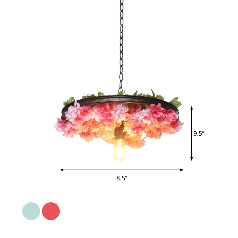 1 Head Iron Pendant Light Farmhouse Pink/Blue Flower Restaurant Hanging Lamp with Wagon Wheel Design, 8.5"/15"/19" Wide Clearhalo 'Art Deco Pendants' 'Cast Iron' 'Ceiling Lights' 'Ceramic' 'Crystal' 'Industrial Pendants' 'Industrial' 'Metal' 'Middle Century Pendants' 'Pendant Lights' 'Pendants' 'Tiffany' Lighting' 737405