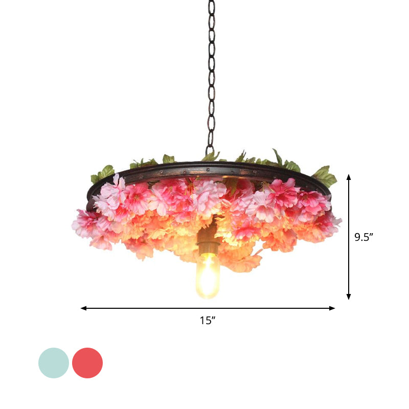 1 Head Iron Pendant Light Farmhouse Pink/Blue Flower Restaurant Hanging Lamp with Wagon Wheel Design, 8.5"/15"/19" Wide Clearhalo 'Art Deco Pendants' 'Cast Iron' 'Ceiling Lights' 'Ceramic' 'Crystal' 'Industrial Pendants' 'Industrial' 'Metal' 'Middle Century Pendants' 'Pendant Lights' 'Pendants' 'Tiffany' Lighting' 737406