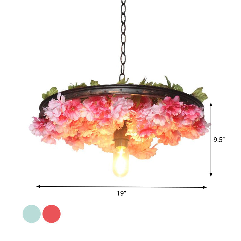 1 Head Iron Pendant Light Farmhouse Pink/Blue Flower Restaurant Hanging Lamp with Wagon Wheel Design, 8.5"/15"/19" Wide Clearhalo 'Art Deco Pendants' 'Cast Iron' 'Ceiling Lights' 'Ceramic' 'Crystal' 'Industrial Pendants' 'Industrial' 'Metal' 'Middle Century Pendants' 'Pendant Lights' 'Pendants' 'Tiffany' Lighting' 737407