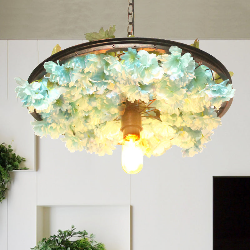 1 Head Iron Pendant Light Farmhouse Pink/Blue Flower Restaurant Hanging Lamp with Wagon Wheel Design, 8.5"/15"/19" Wide Clearhalo 'Art Deco Pendants' 'Cast Iron' 'Ceiling Lights' 'Ceramic' 'Crystal' 'Industrial Pendants' 'Industrial' 'Metal' 'Middle Century Pendants' 'Pendant Lights' 'Pendants' 'Tiffany' Lighting' 737409