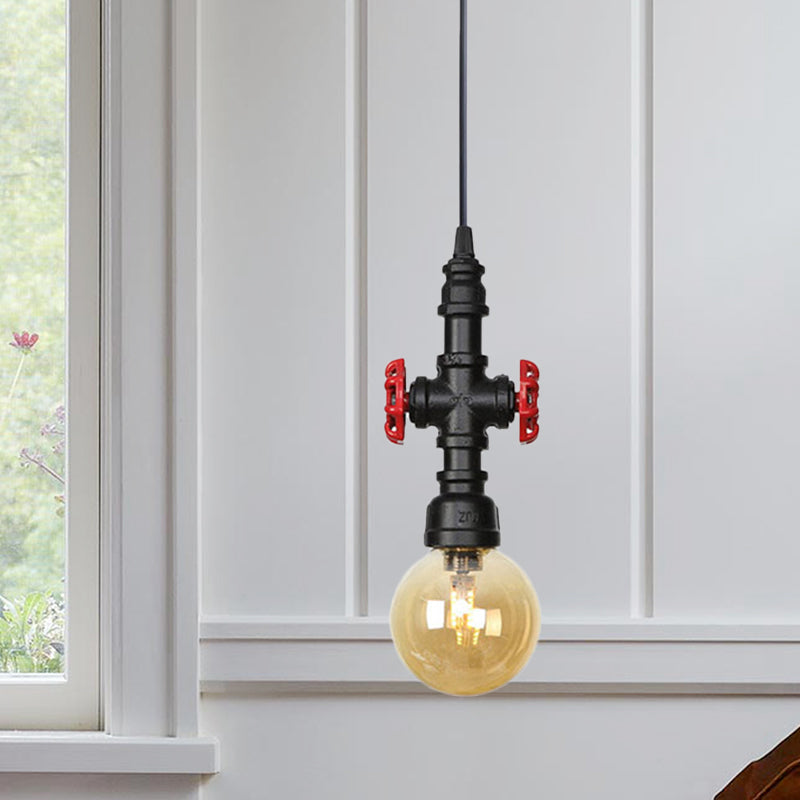 1 Light Ball/Capsule Suspension Light Industrial Black Finish Amber Glass Ceiling Pendant Pipe Lamp Black B Clearhalo 'Ceiling Lights' 'Glass shade' 'Glass' 'Industrial Pendants' 'Industrial' 'Middle Century Pendants' 'Pendant Lights' 'Pendants' 'Tiffany' Lighting' 737457