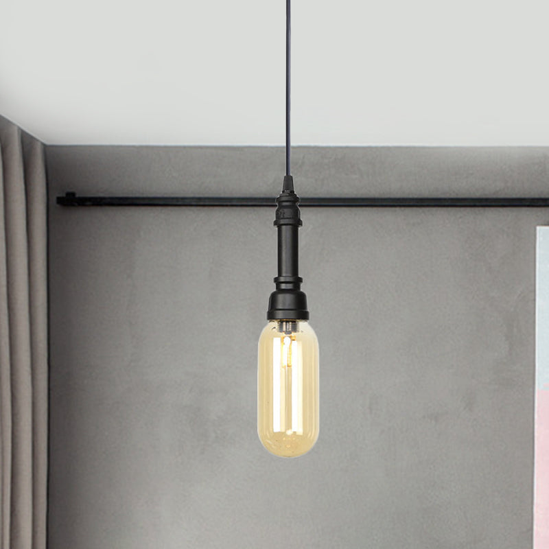 1 Light Ball/Capsule Suspension Light Industrial Black Finish Amber Glass Ceiling Pendant Pipe Lamp Clearhalo 'Ceiling Lights' 'Glass shade' 'Glass' 'Industrial Pendants' 'Industrial' 'Middle Century Pendants' 'Pendant Lights' 'Pendants' 'Tiffany' Lighting' 737463